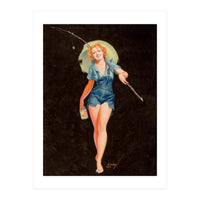 Happy Pinup Girl With A Fishing Stick (Print Only)