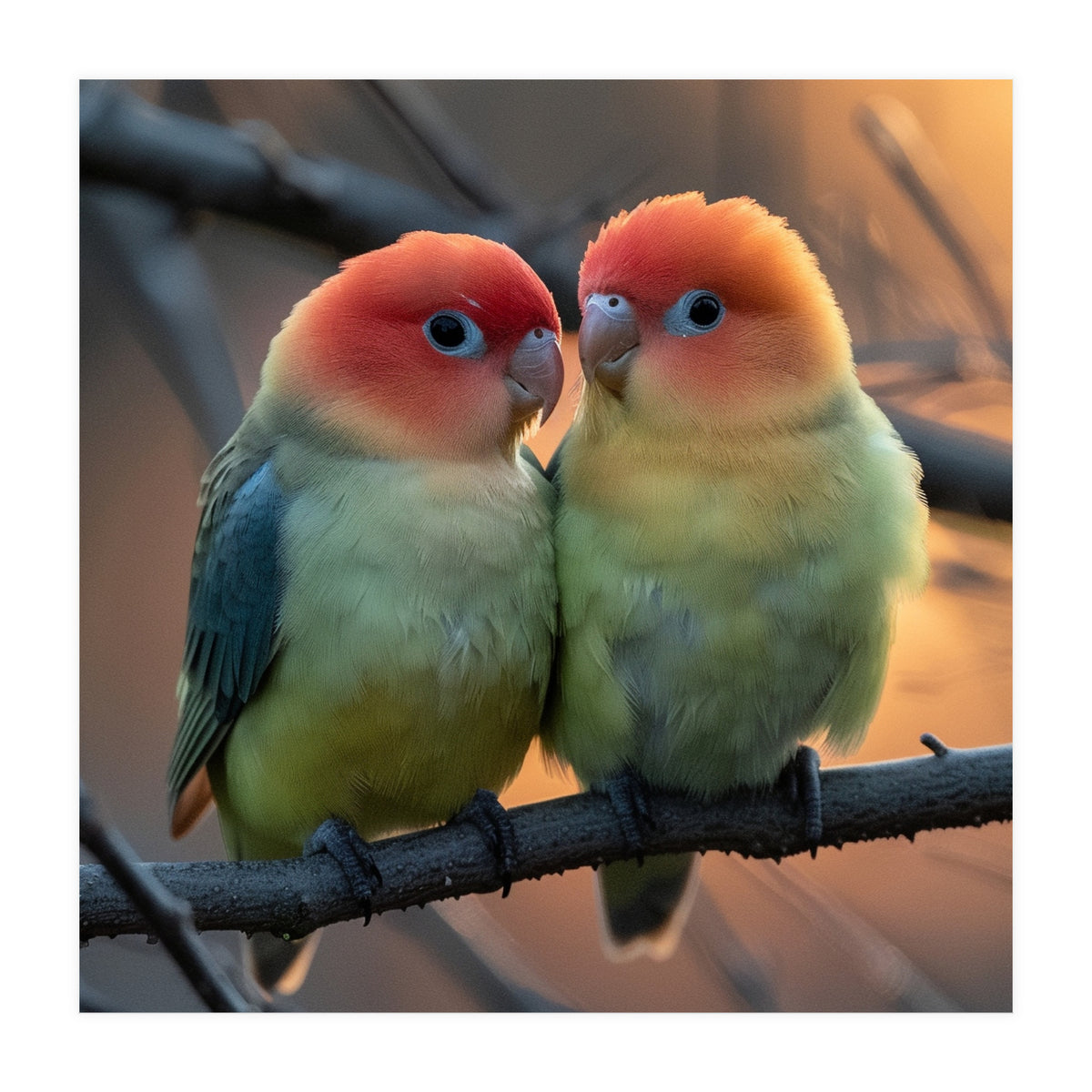 Two Lovebirds Perched On A Branch At Sunset (Print Only)