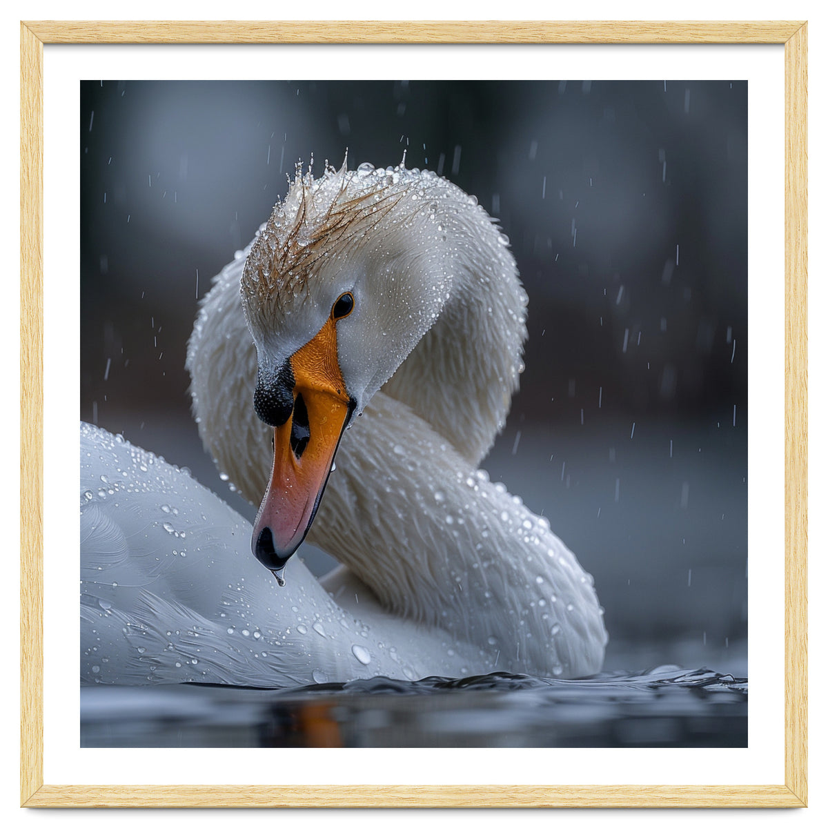 White Swan Bird With Water Droplets In Rain