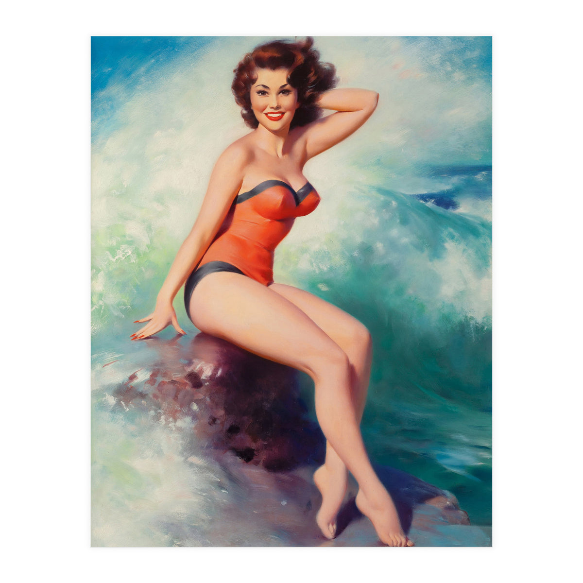 Pinup Girl Posing In Front Of Big Waves On The Beach (Print Only)
