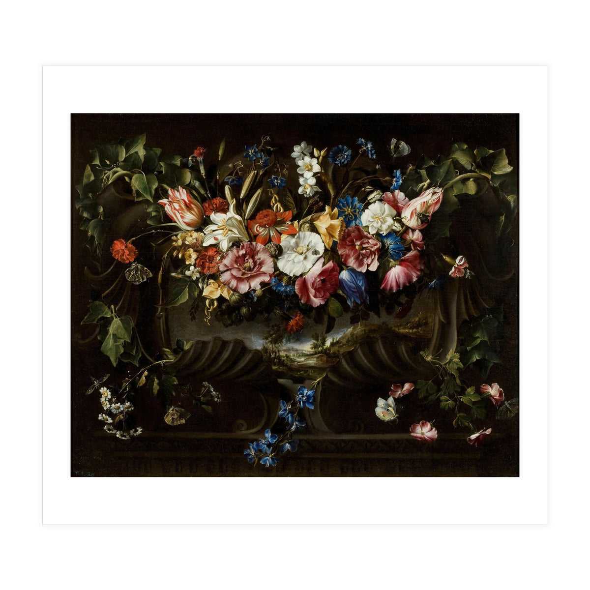 Juan de Arellano / 'Garland of Flowers with Landscape', 1652, Spanish School. (Print Only)