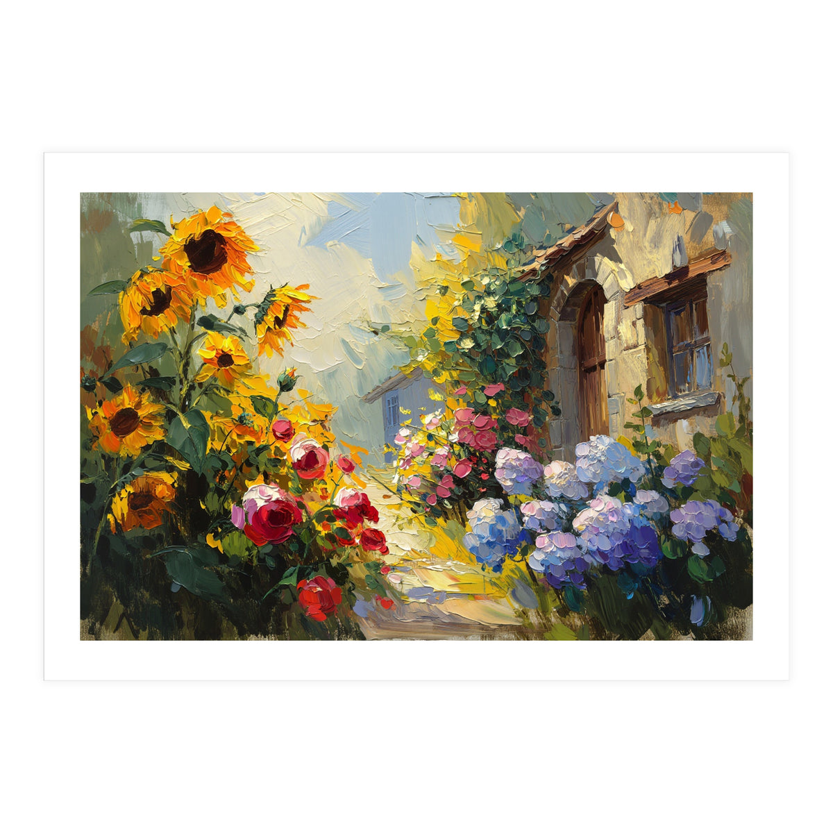 Vibrant Summer Cottage Garden Oil Painting (Print Only)