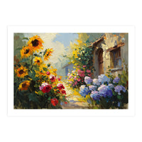 Vibrant Summer Cottage Garden Oil Painting (Print Only)
