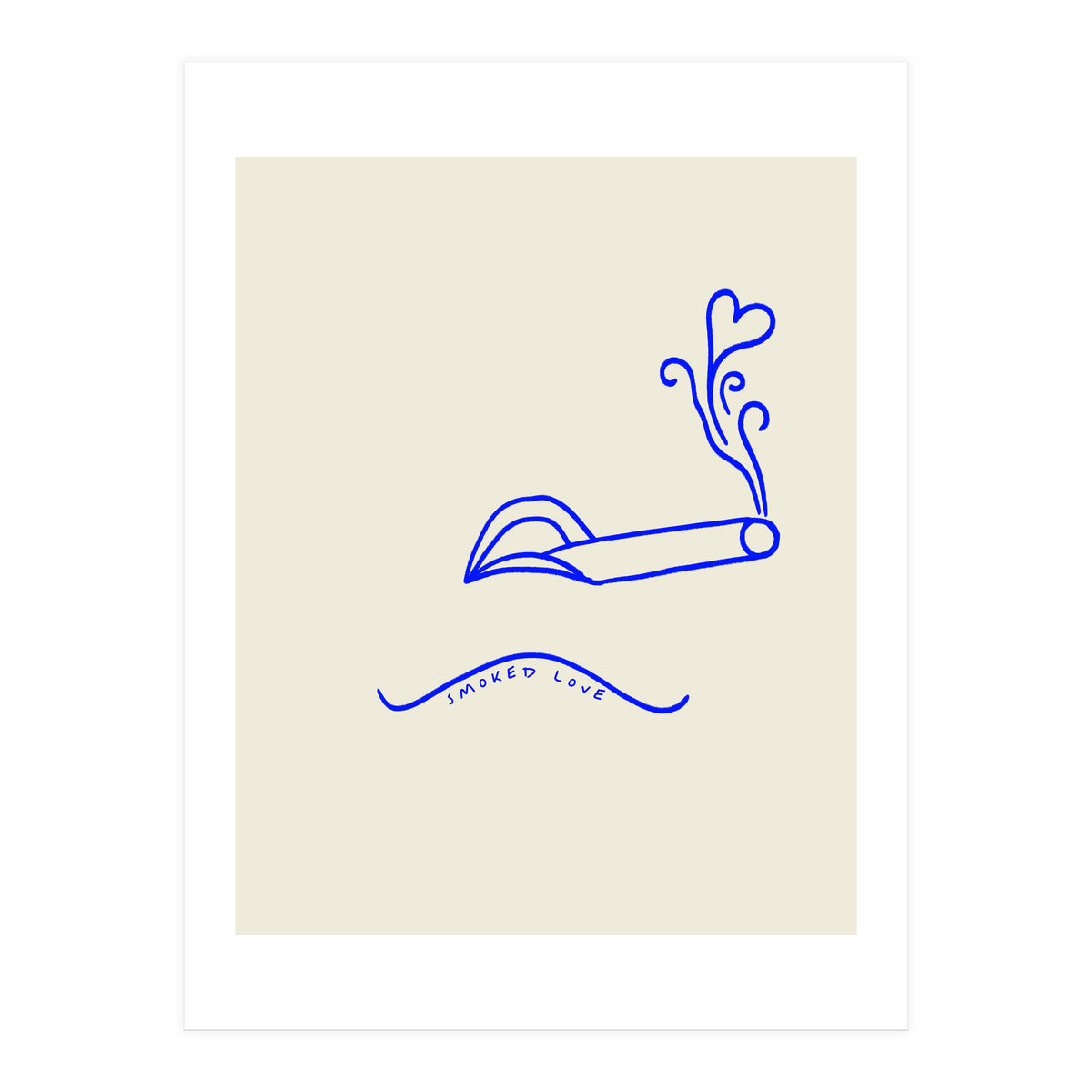 Smoked Love, Line Art Drawing Sketch, Minimalism Doodle Woman Cigarette Cigar Smoke, Eclectic Bohemian Framed (Print Only)