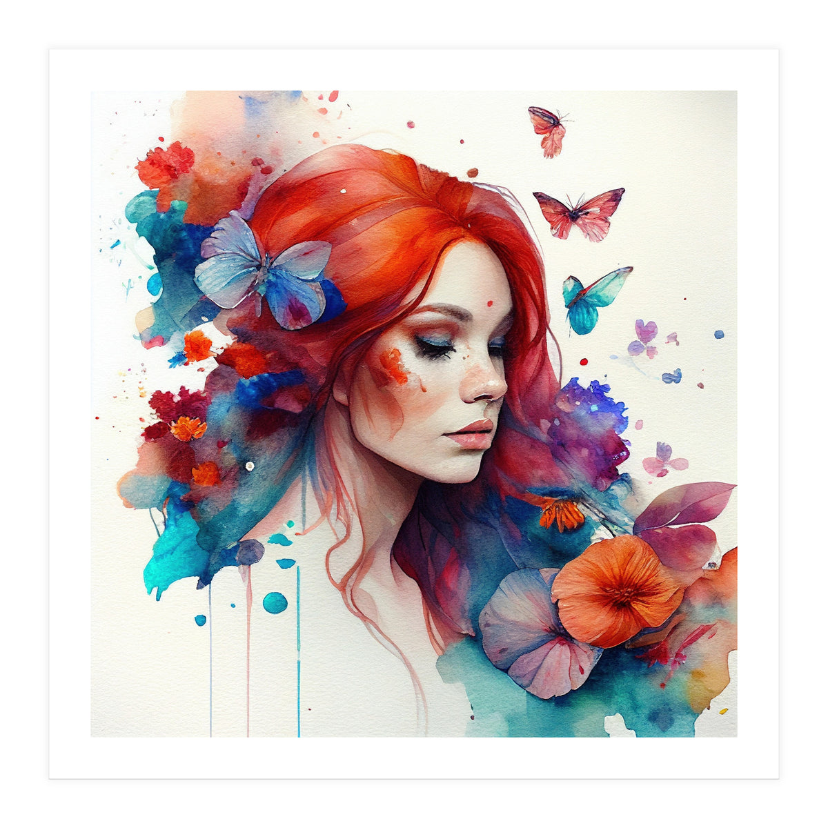 Watercolor Floral Red Hair Woman #4 (Print Only)