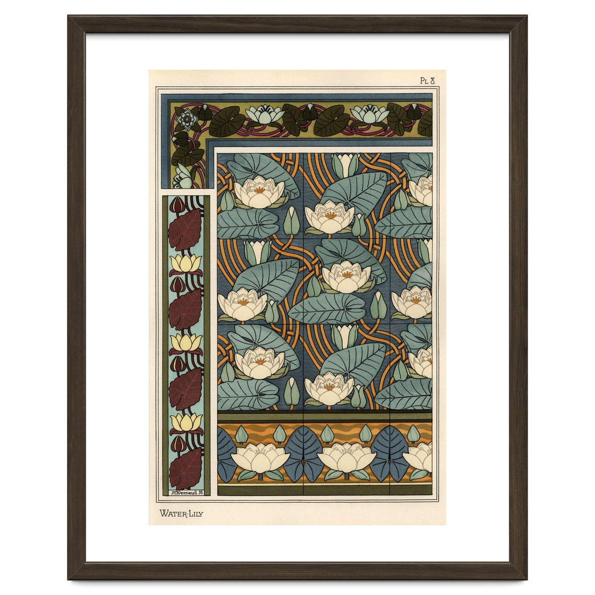 The water lily, Nelumbo lutea, in wallpaper and tile patterns. Lithograph by Verneuil.