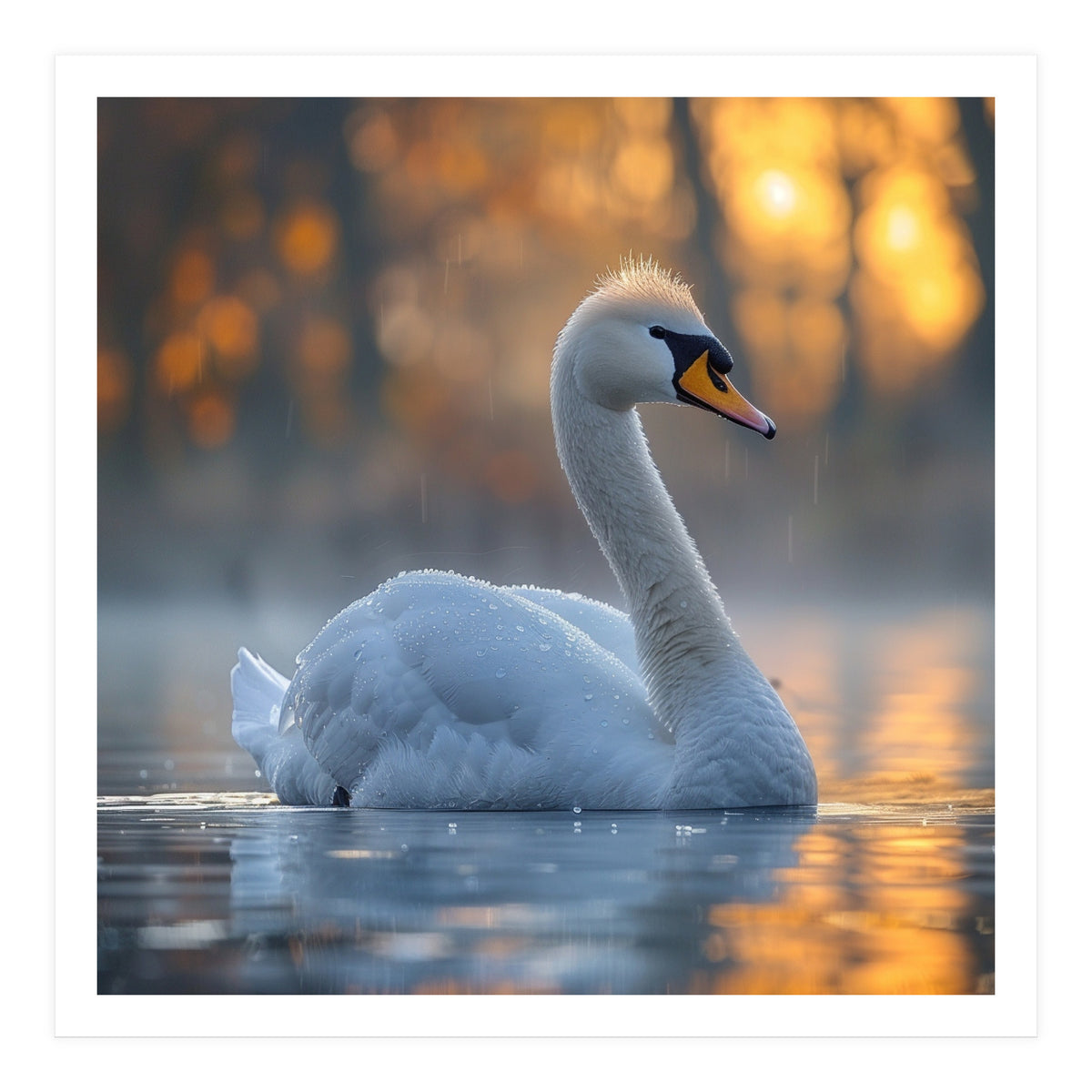 Beautiful Swan Floating On Water At Sunset (Print Only)