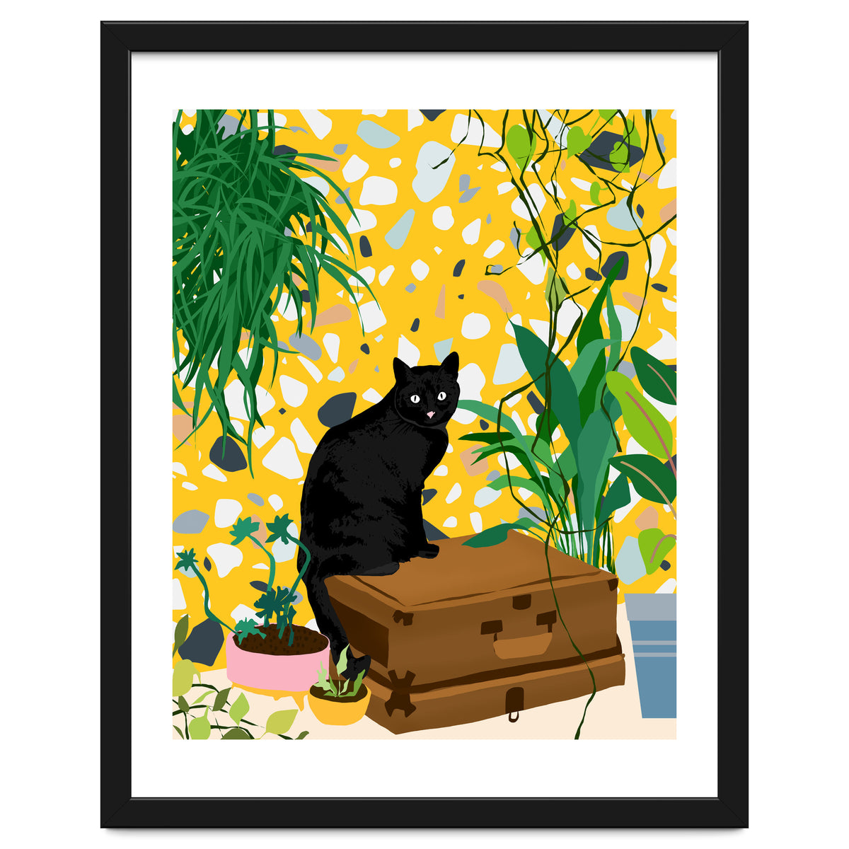 Urban Jungle Cat, Black Cats Pets Terrazzo Decor, Whimsical Bohemian Animals Illustration, Eclectic Quirky Travel