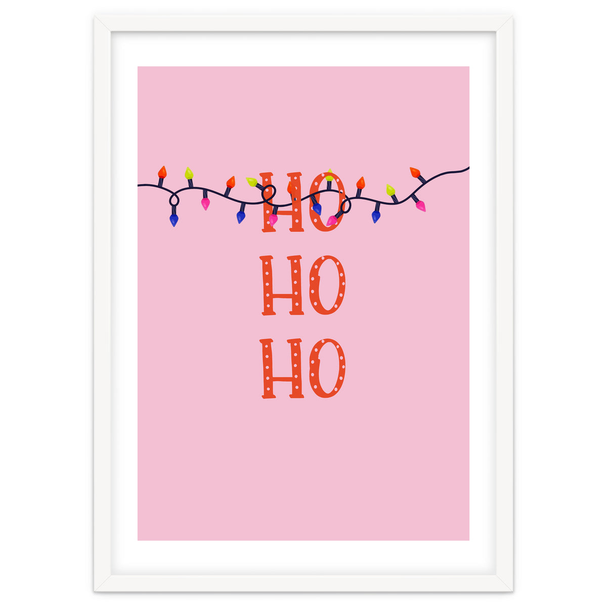 HO HO HO Christmas Lights Art, Pink Holiday Illustration, Modern Festive Quote