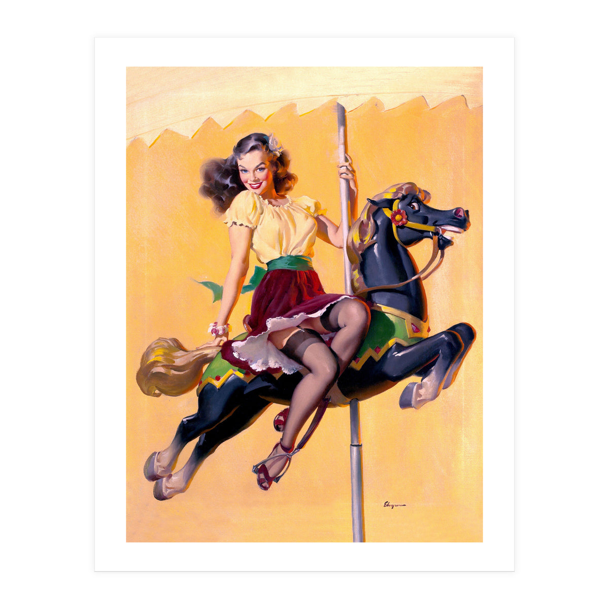 Pinup Sexy Girl Riding A Wooden Horse (Print Only)