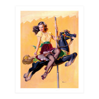 Pinup Sexy Girl Riding A Wooden Horse (Print Only)
