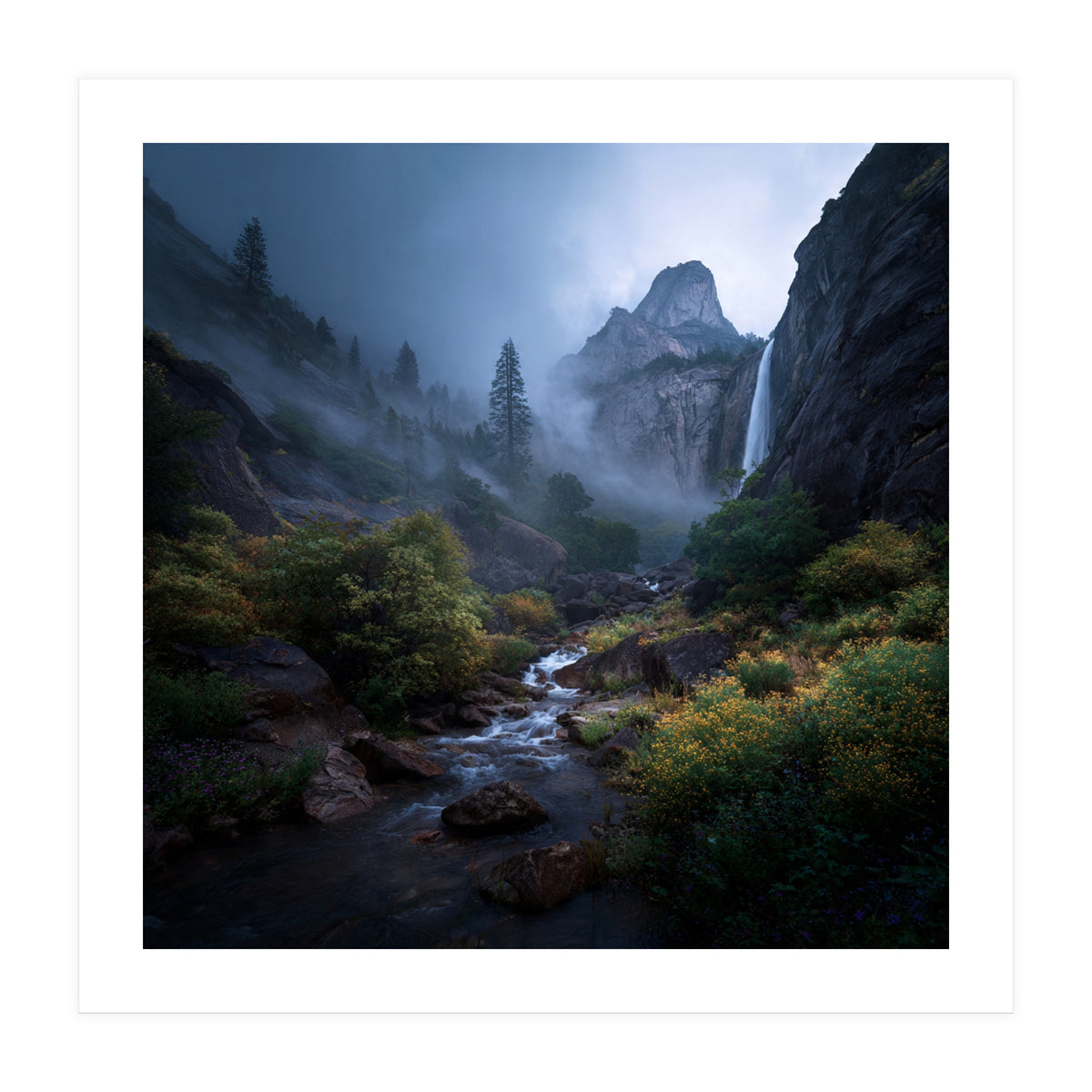 Majestic Misty Mountain Valley with Cascading Waterfall (Print Only)