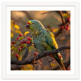 Green Parrot Perched On A Branch With Berries thumbnail