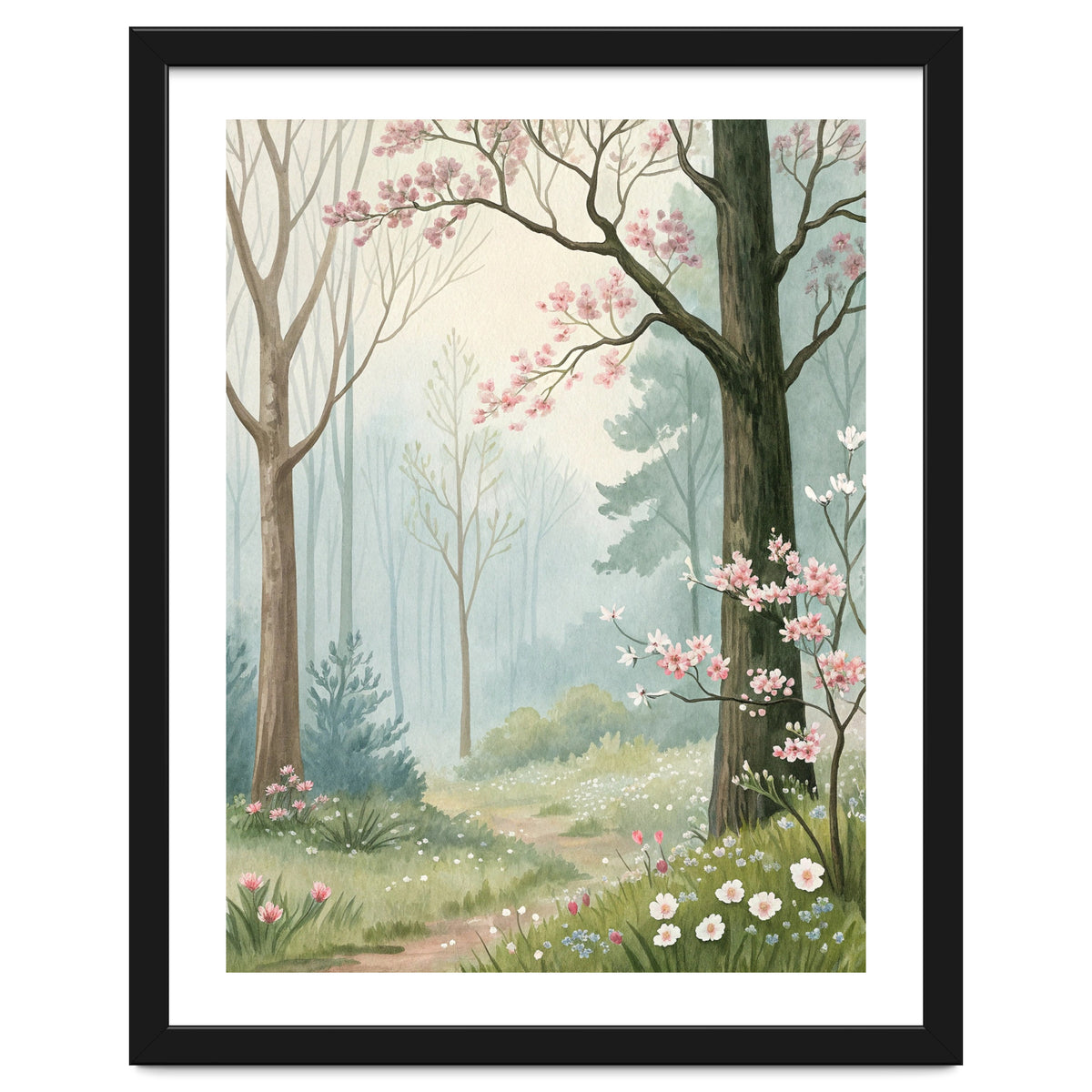 Enchanted Spring Woodland Path with Blooming Cherry Blossoms and Misty Pastel Forest Atmosphere