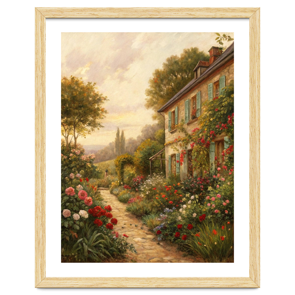 Idyllic Sunlit Cottage Garden Oil Painting