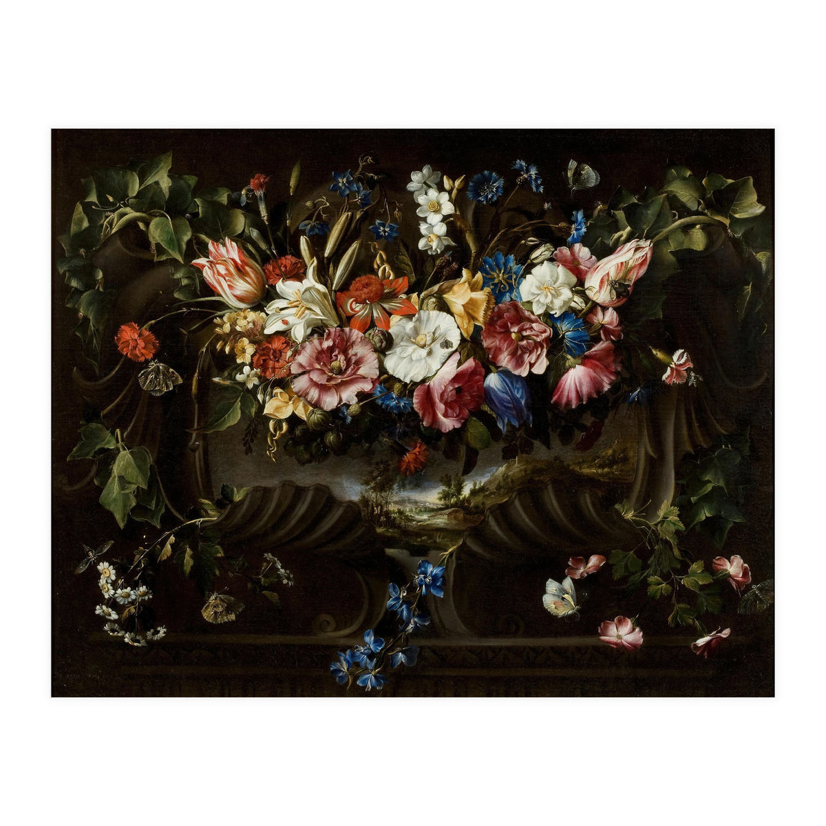 Juan de Arellano / 'Garland of Flowers with Landscape', 1652, Spanish School. (Print Only)