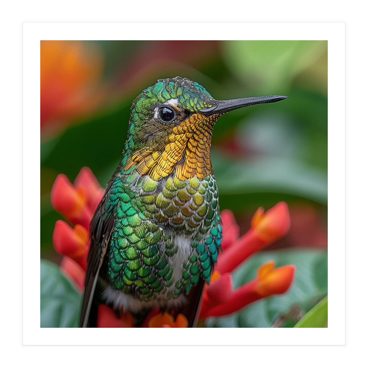 Close Up Of A Hummingbird On Red Flowers (Print Only)