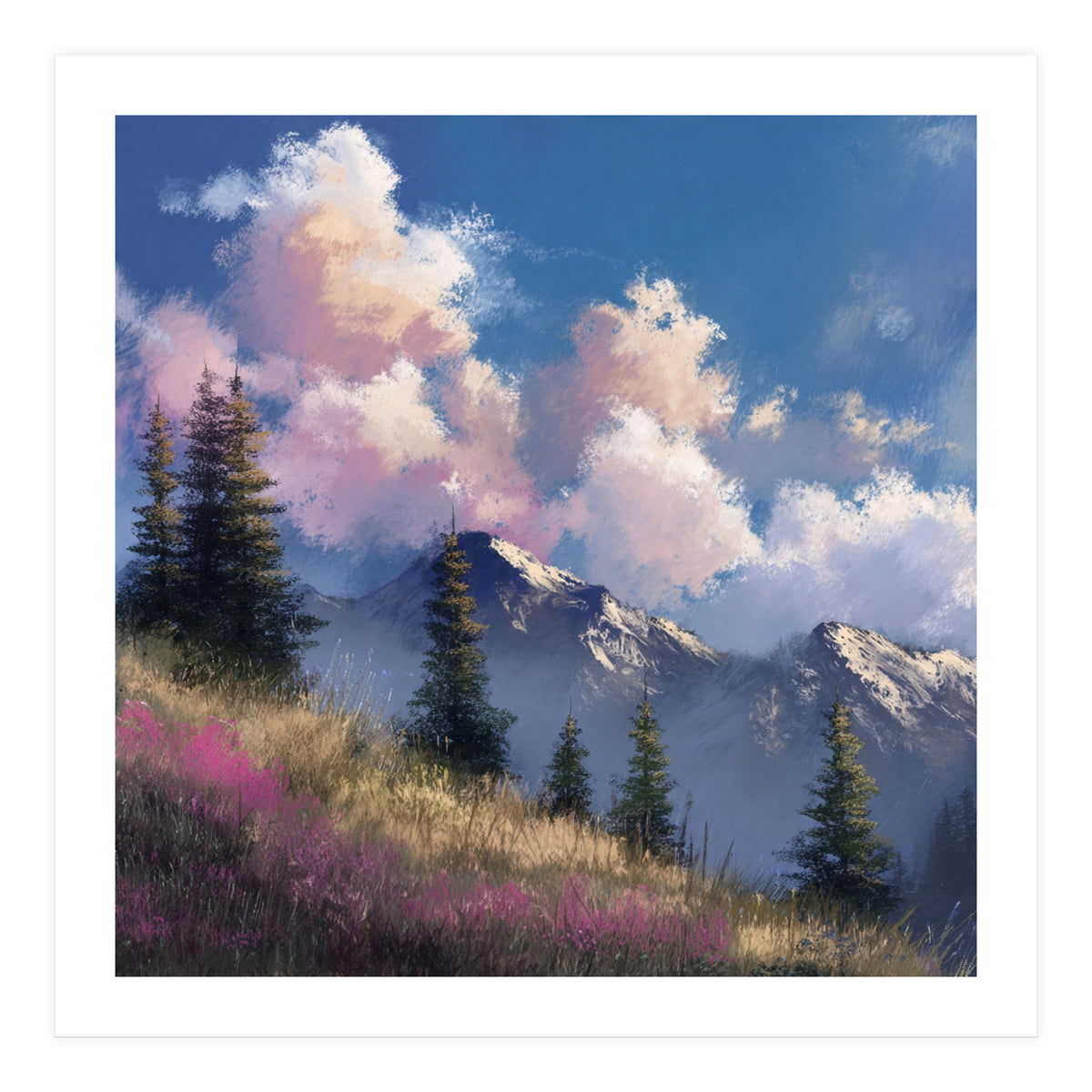 Alpine Summer Meadow with Vibrant Wildflowers and Snow (Print Only)