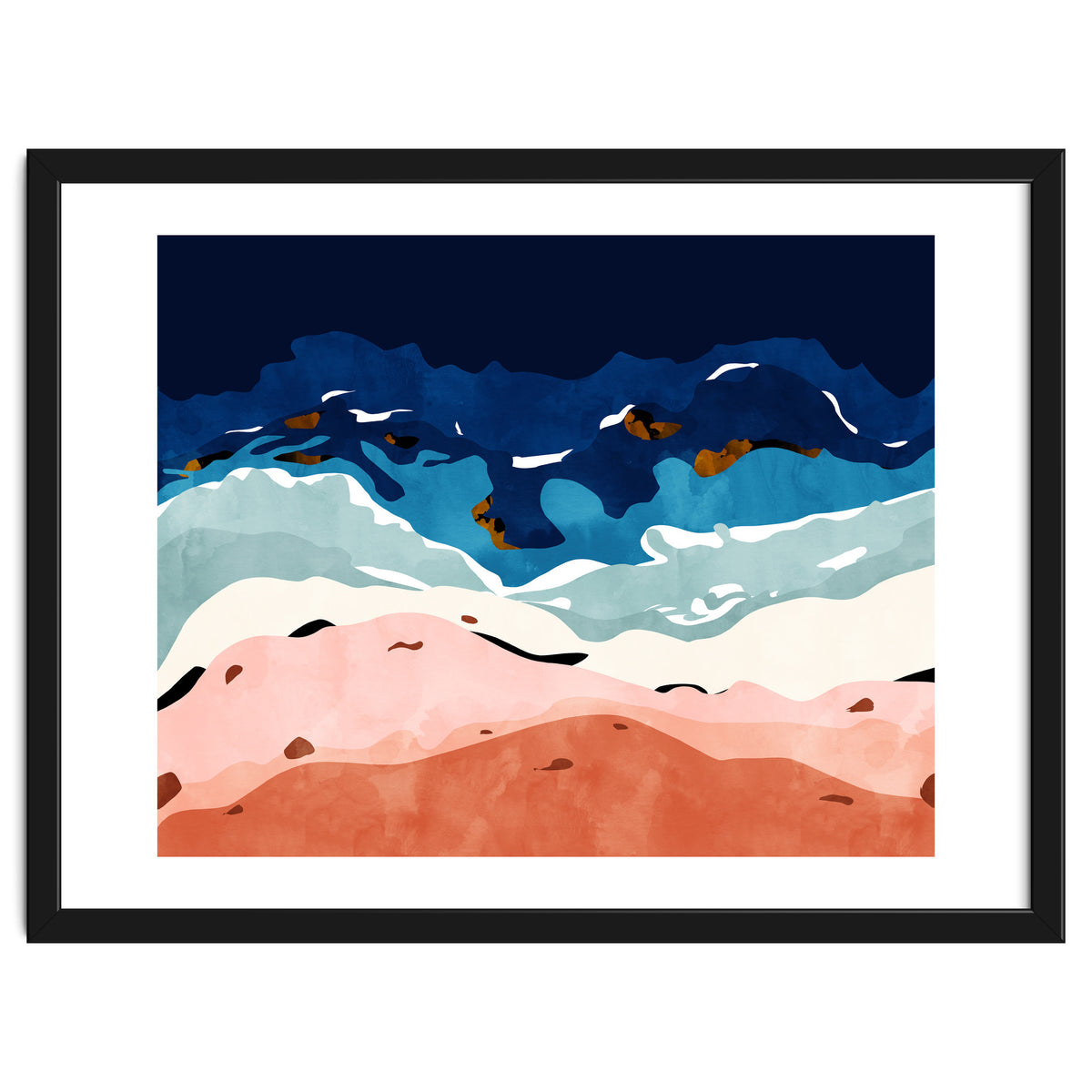 Ocean Heart, Abstract Sea Waves, Tropical Travel Watercolor Painting, Eclectic Bohemian Beach Nature