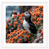Atlantic Puffin Bird Perched On Orange Flowers thumbnail