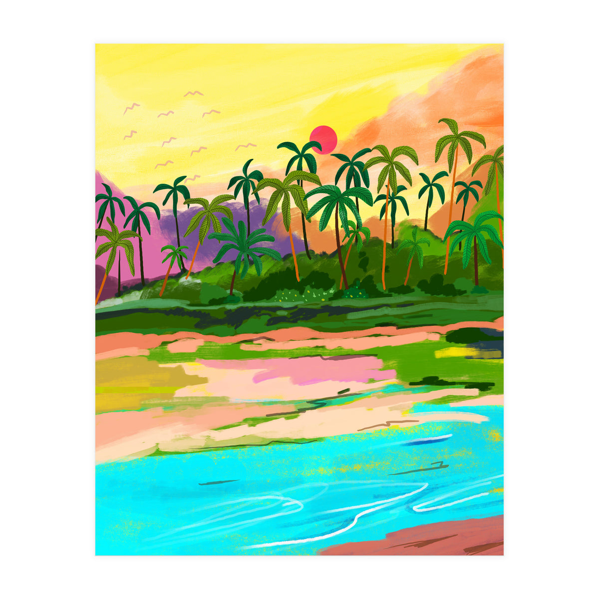 Tropical Backwaters Of Kerala, Nature Jungle Forest Landscape Painting, Dreamy Scenic Travel Lake Palm Bohemian (Print Only)