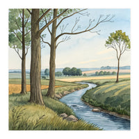 Pastoral Countryside Watercolor Painting with Winding Stream Meadows and Deciduous Trees Landscape (Print Only)
