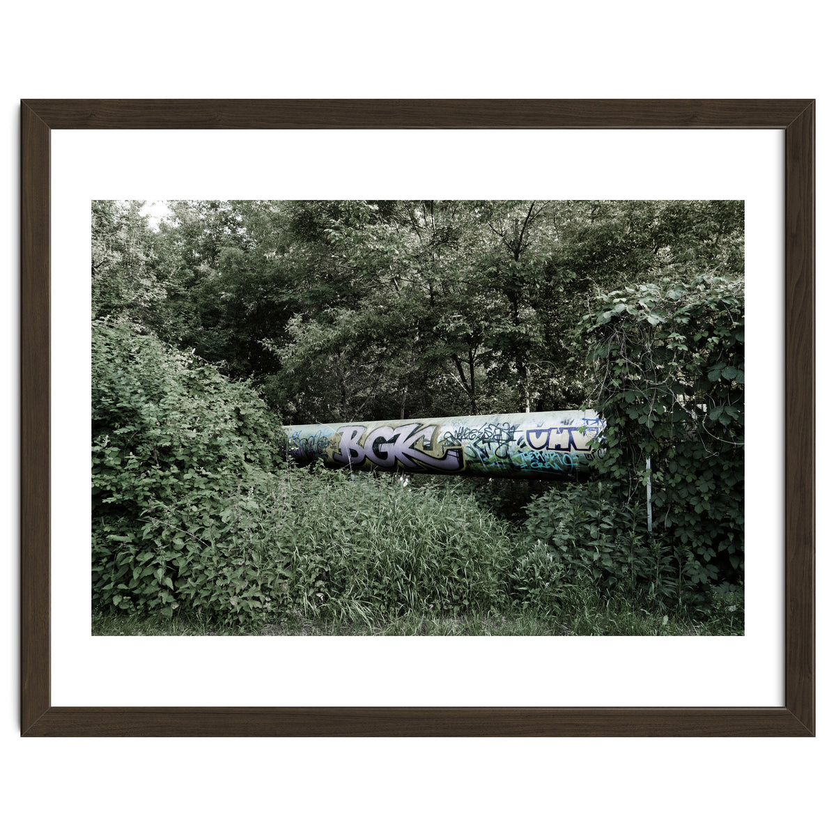Graffiti pipe among the summer forest
