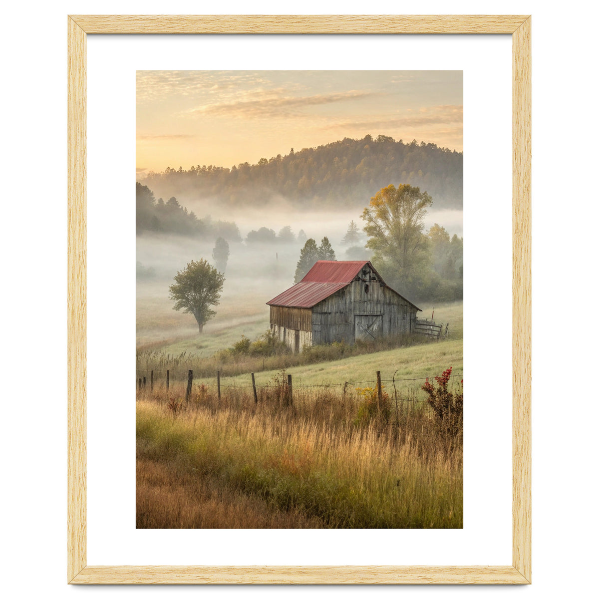 Rustic Red Roof Barn in Misty Morning Valley Landscape