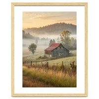 Rustic Red Roof Barn in Misty Morning Valley Landscape