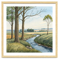 Pastoral Countryside Watercolor Painting with Winding Stream Meadows and Deciduous Trees Landscape