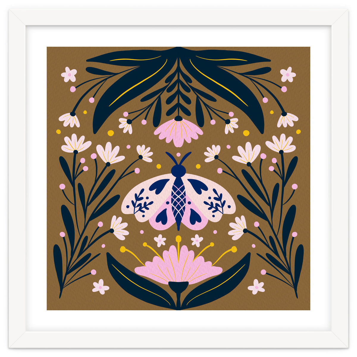 Pink Moth with Flowers on a brown background