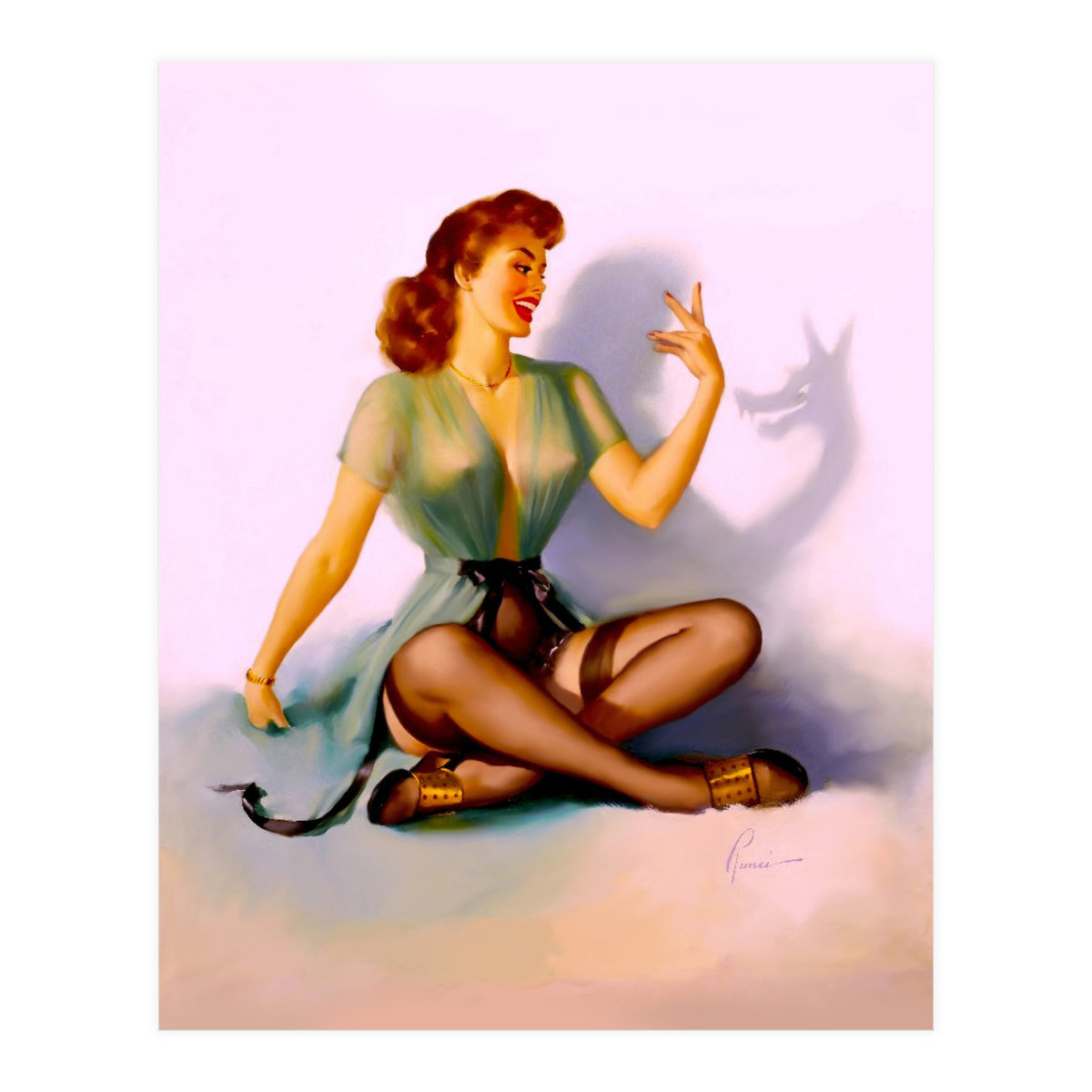 Sexy Pinup Making A Big Bad Wolf Shadow On The Wall (Print Only)
