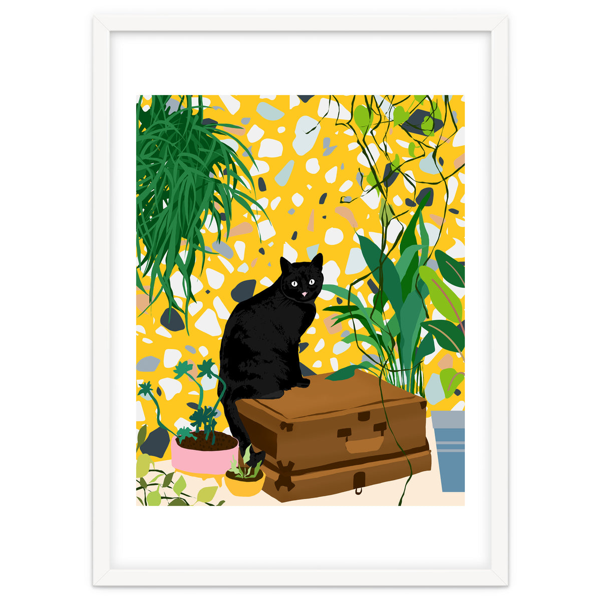 Urban Jungle Cat, Black Cats Pets Terrazzo Decor, Whimsical Bohemian Animals Illustration, Eclectic Quirky Travel