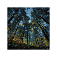 Celestial Forest Canopy with Swirling Golden Fireflies and Deep Twilight Blue Sky Digital Art (Print Only)