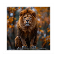 Majestic Lion Sitting On A Rock In Autumn Forest (Print Only)