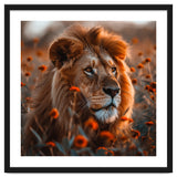 Majestic Lion Resting Among Orange Flowers thumbnail