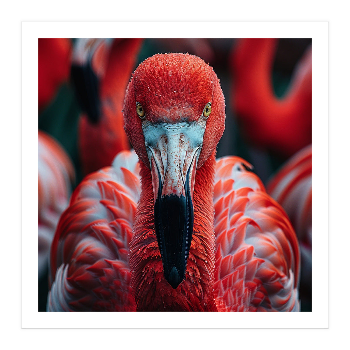 Close Up Flamingo Head With Bright Red Feathers (Print Only)