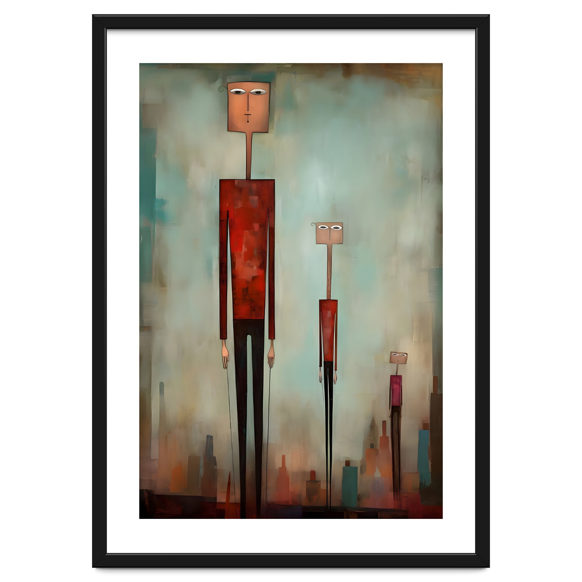 CITY HEIGHTS, three human-like forms of differing heights loom over the city below.