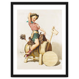 Pinup Cowgirl Riding A Wooden Horse Made Of Barrel thumbnail