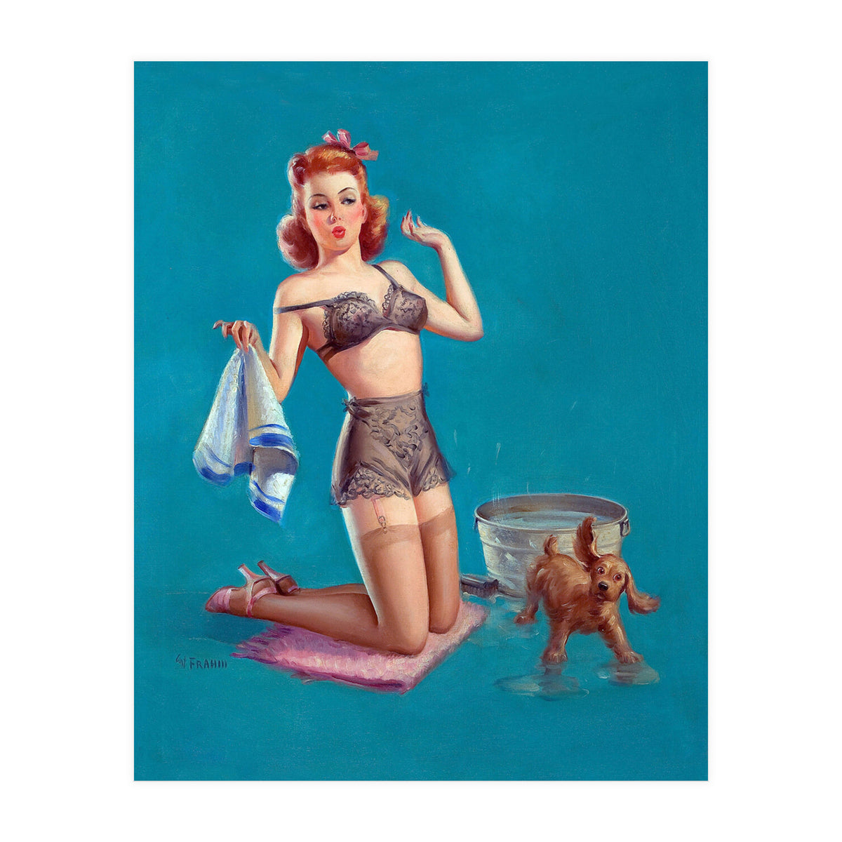 Pinup Girl Bathing A Dog (Print Only)