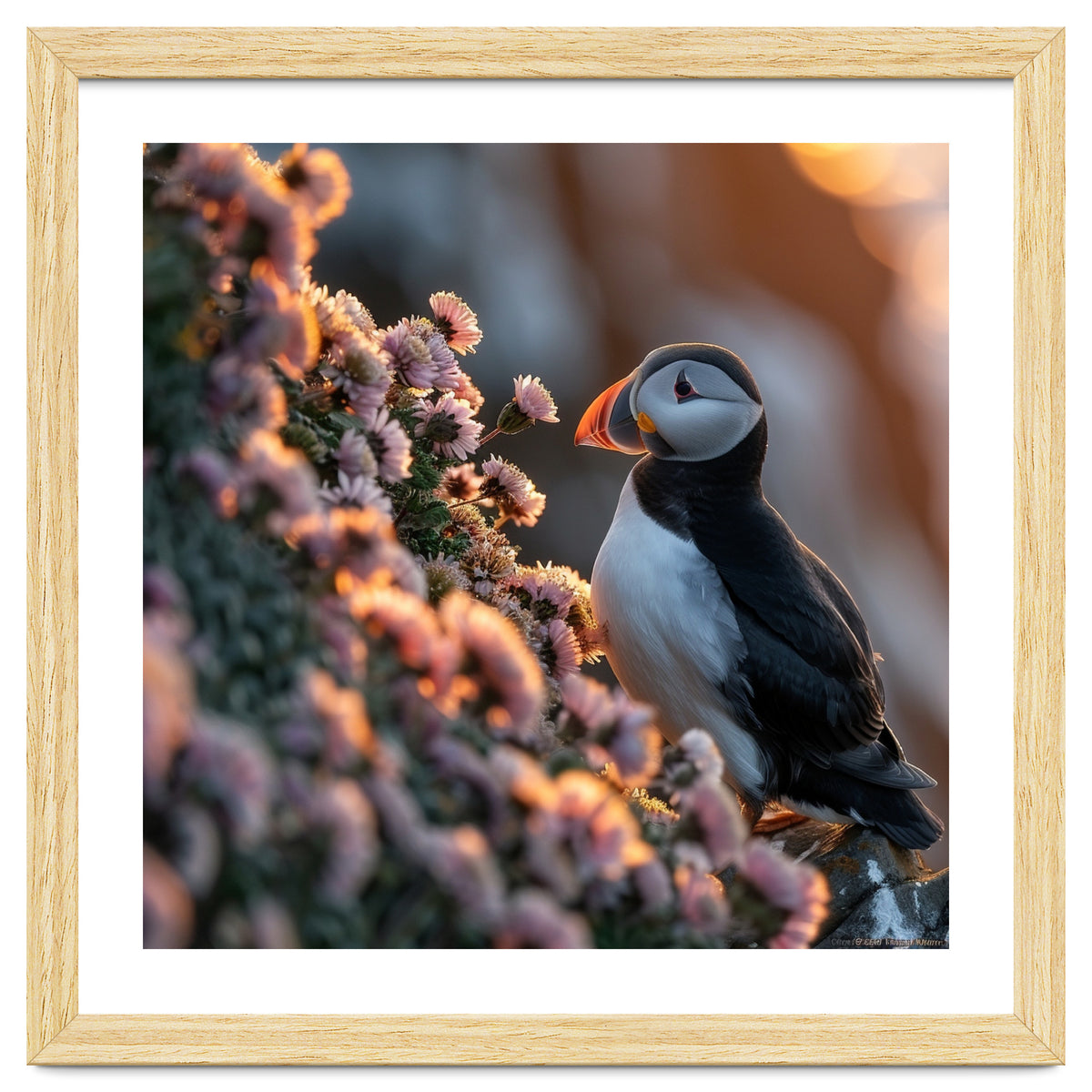 Puffin Bird On Rocks Near Pink Flowers At Sunset
