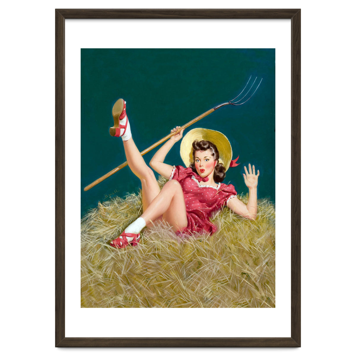 Pinup Sexy Girl Posing On A Hay With A Pitchfork