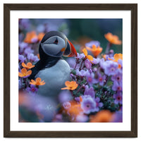 Puffin Bird Among Vibrant Purple And Orange Flowers