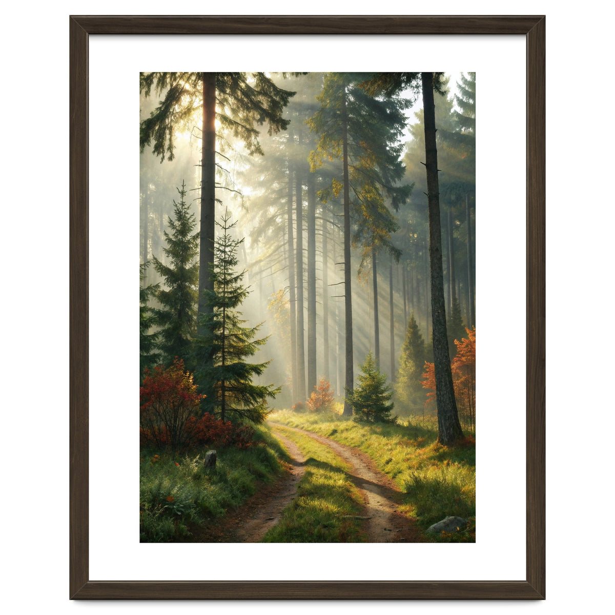 The Golden Path: Ethereal Sunbeams Piercing Through a Misty Evergreen Forest at Dawn