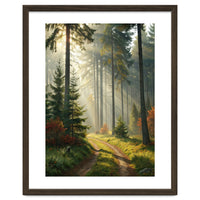 The Golden Path: Ethereal Sunbeams Piercing Through a Misty Evergreen Forest at Dawn