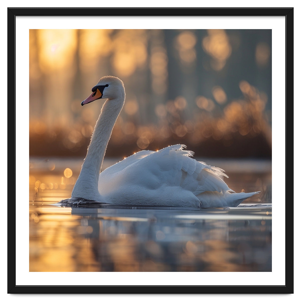 Majestic Swan Gliding On Water At Sunset