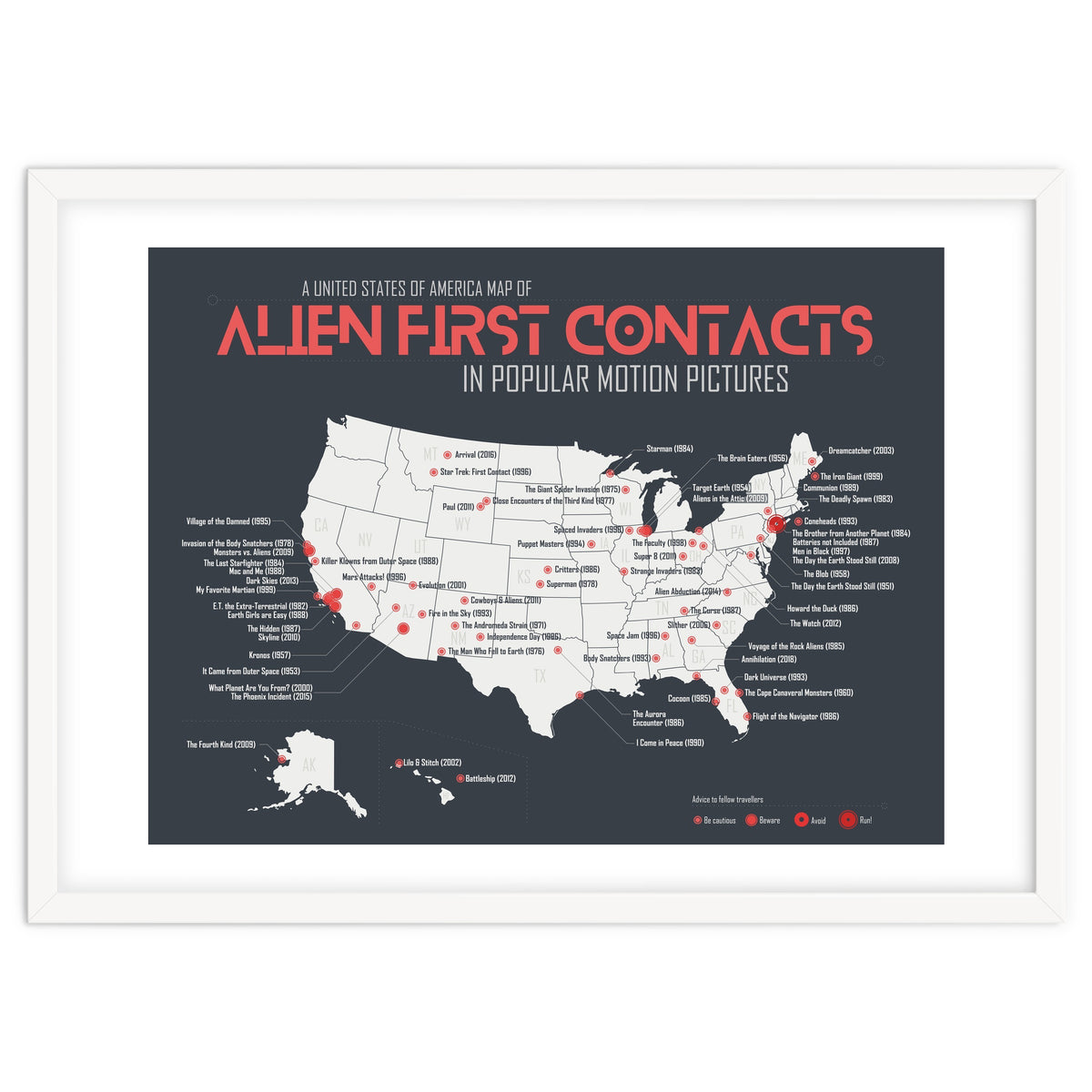 USA Map of Alien First Contacts in Movies
