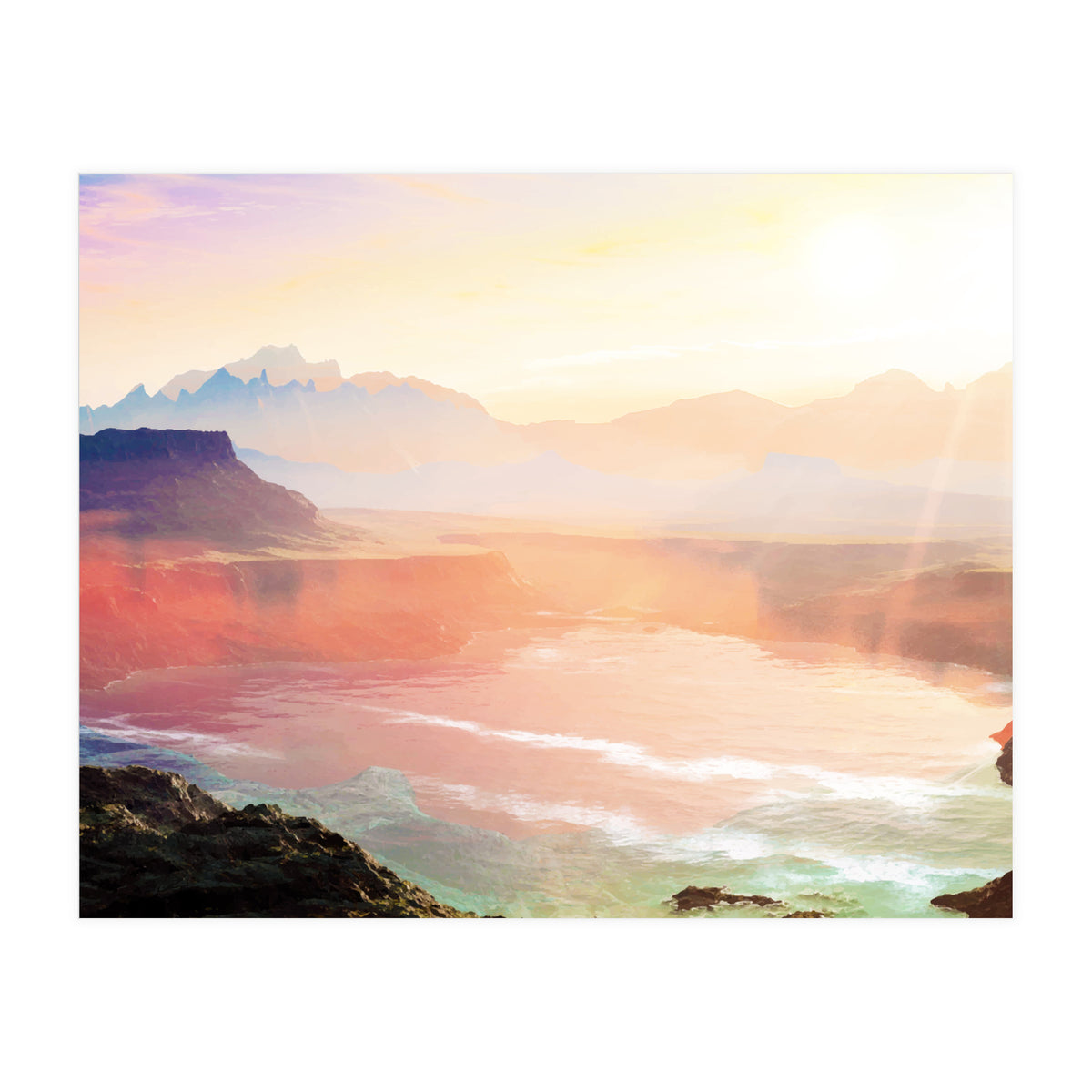 Sunrise Grandeur, Scenic Nature Landscape, Ocean Beach Travel Photography, Sea Waves Mindfulness (Print Only)