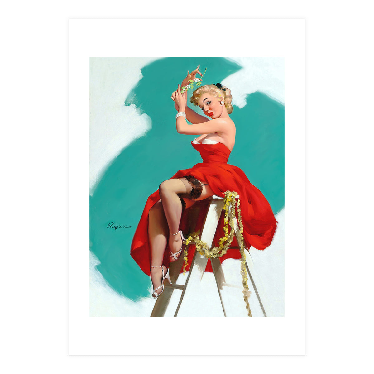 Sexy Pinup Girl In Red Dress Posing On a Ladder (Print Only)