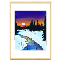 Purple Midnight, Snow River Full Moon Nature Landscape Painting, Winter Travel Adventure Places